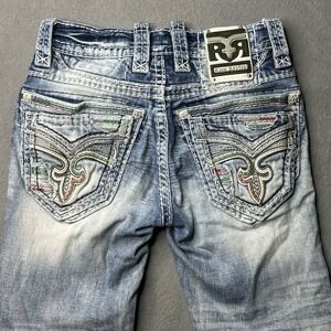 Rock Revival Fincher Slim Boot Women 26 Blue Distressed Embroidered Jeans SB205H